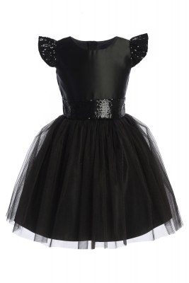 Black Sequin Flutter Sleeve Dress with Satin Bodice